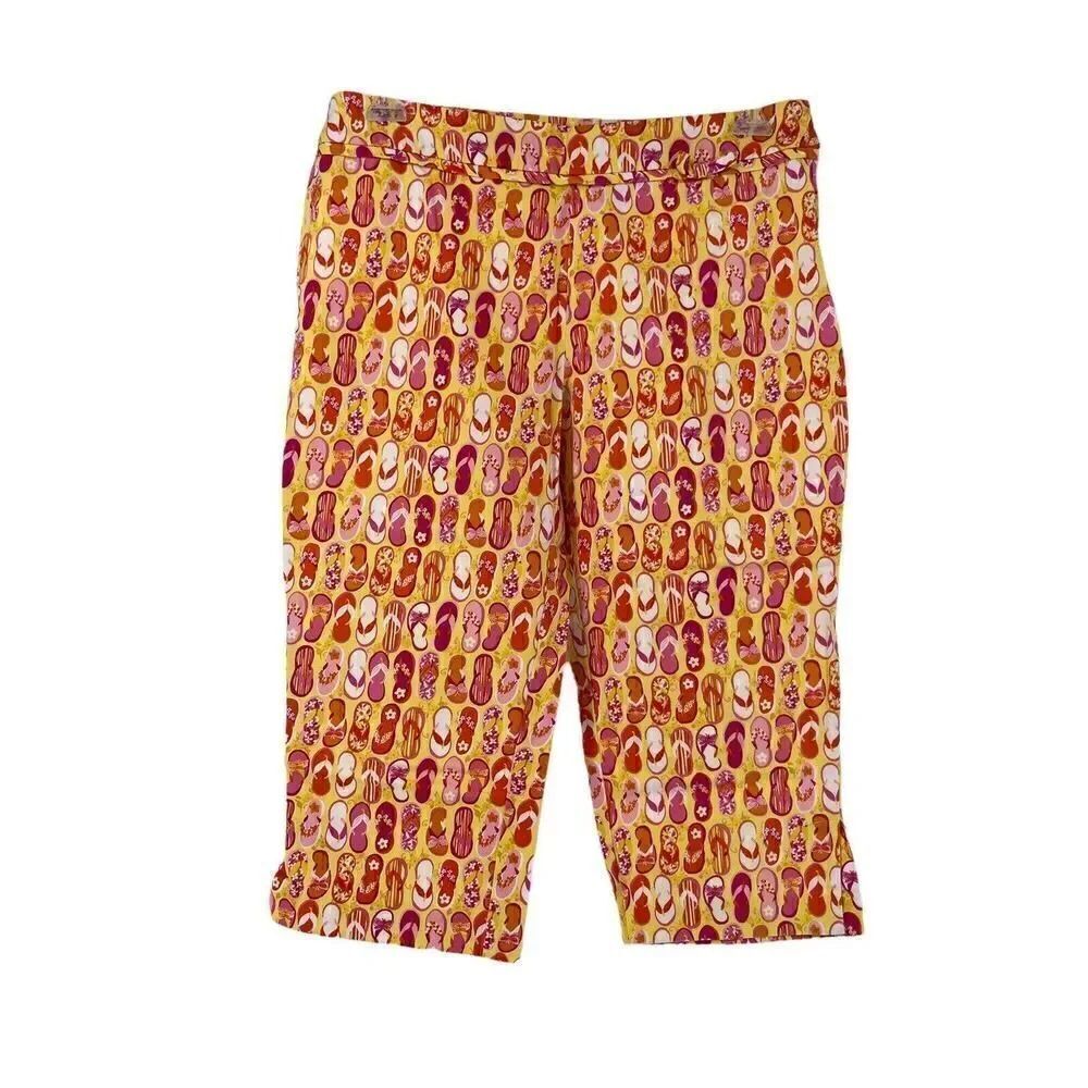 Alanni Capri Pants Flip Flop Pattern Yellow Pink Beach Mid Rise Womens Size 12